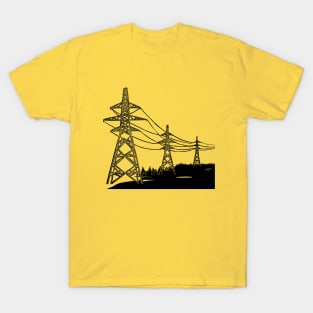 Electricity Pylons Linocut Silhouette on Mustard Yellow T-Shirt